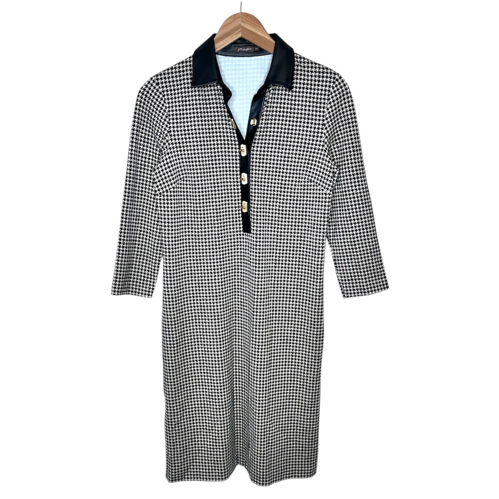 J. McLaughlin Falcon Houndstooth Dress Size XS Faux Leather Collar Prep Heritage